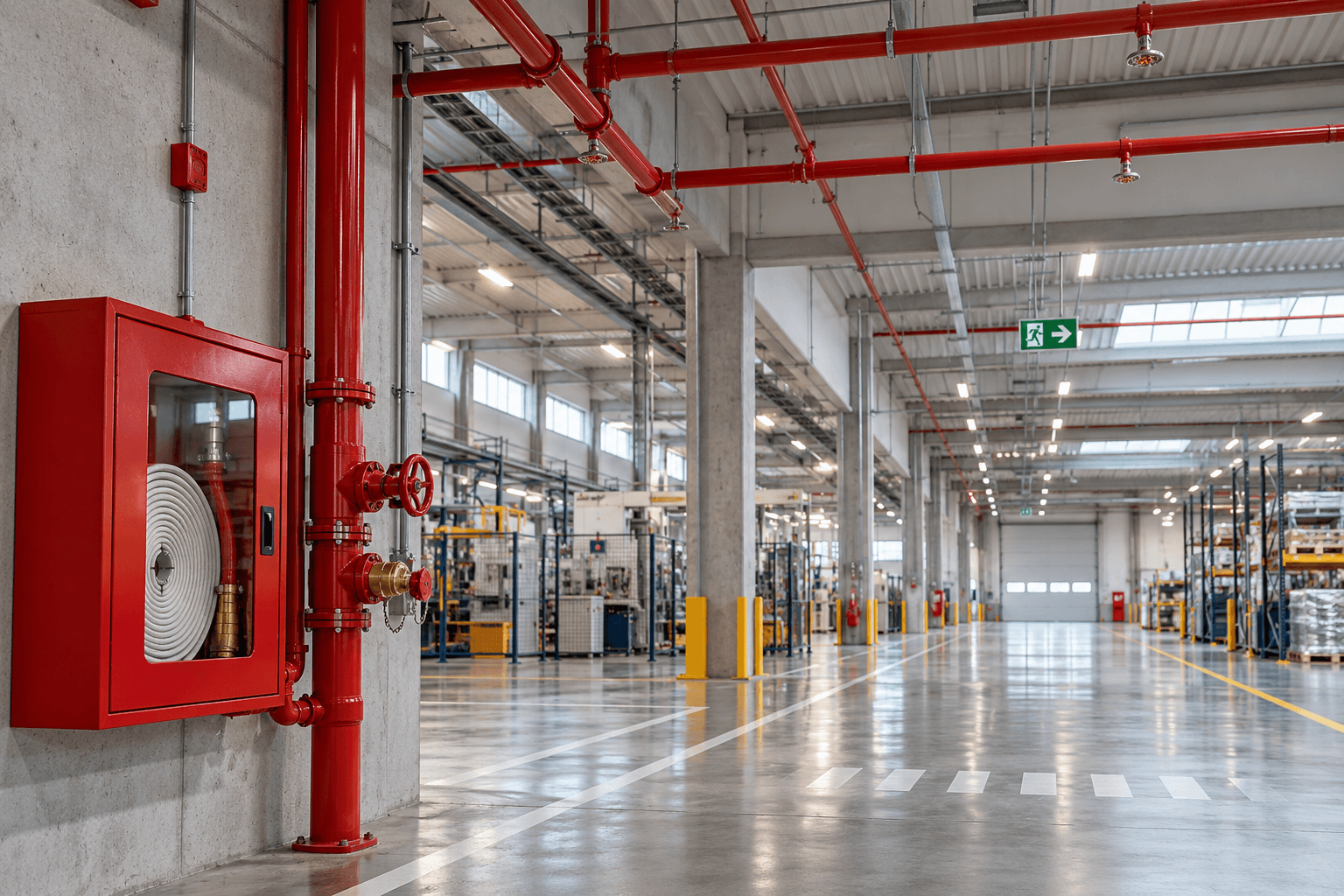 Ambiente industrial com sistemas preventivos contra incêndio