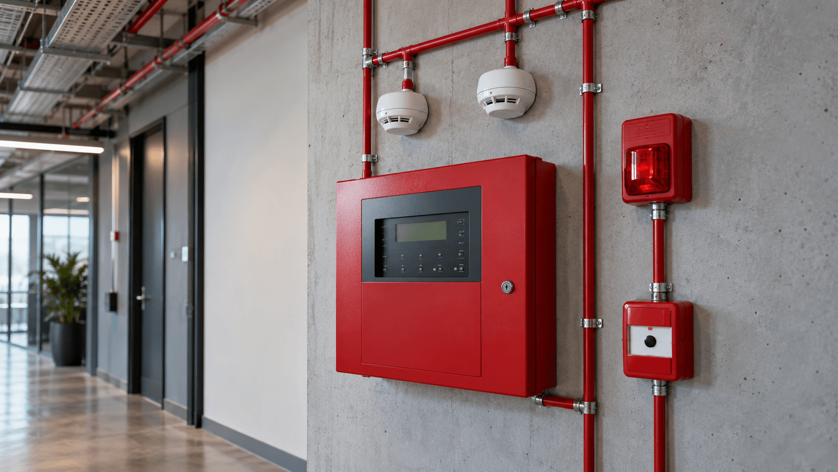 Central de alarme com detectores, acionador manual e sinalizador instalados