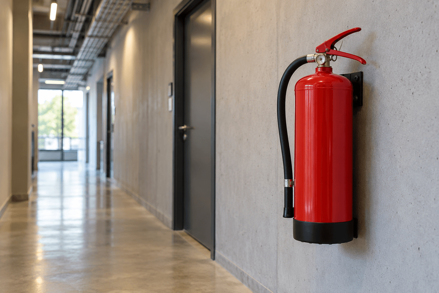 Extintor instalado em ambiente técnico corporativo