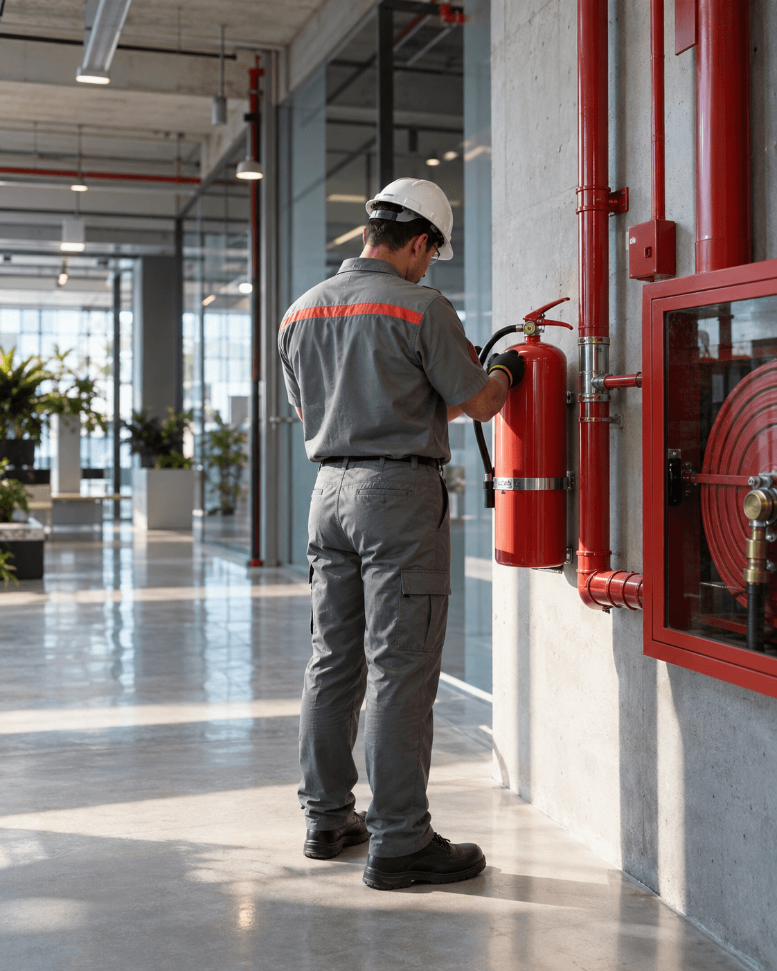 Técnico realizando inspeção em sistema preventivo