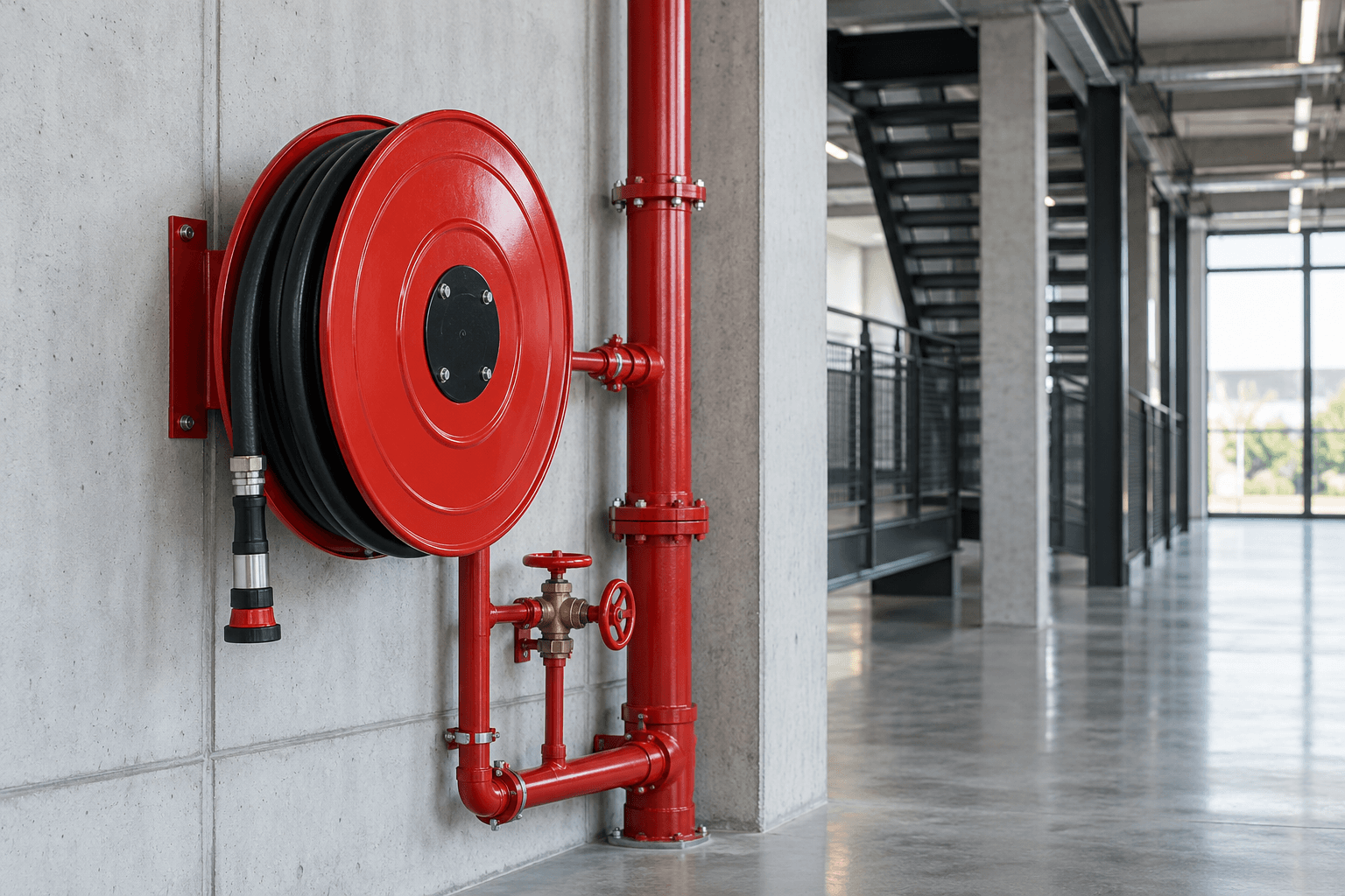 Mangueira e hidrante instalados em ambiente corporativo