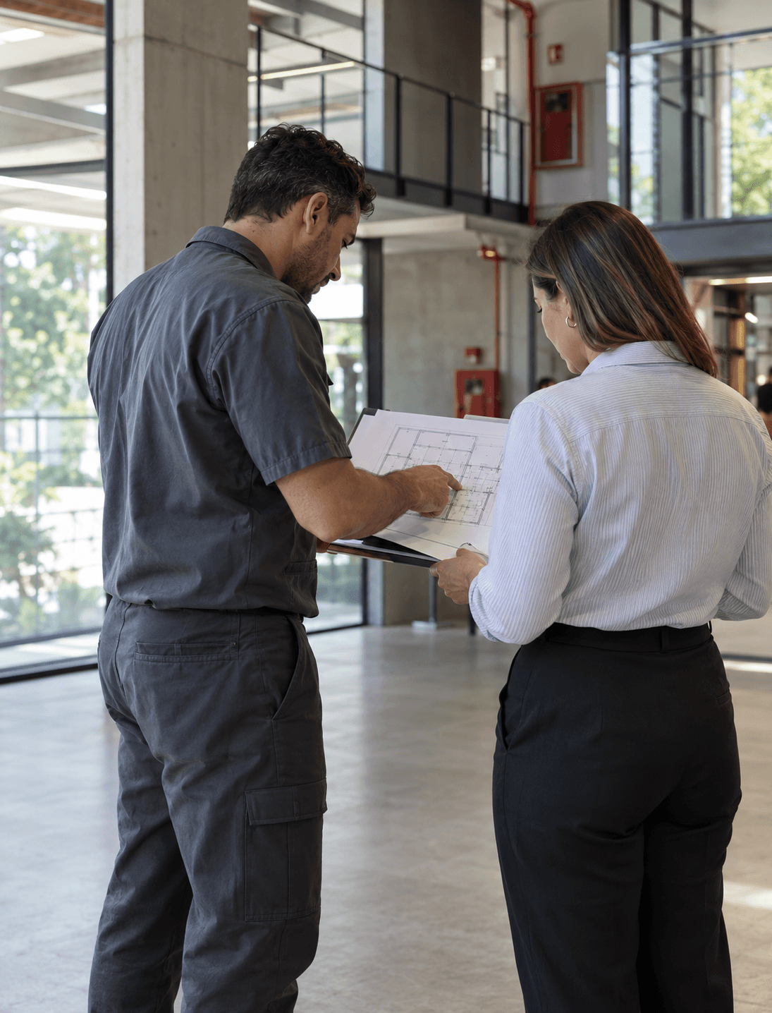 Profissional técnico e responsável pela edificação analisando planta em visita de diagnóstico