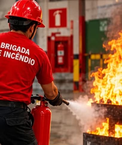 Prática de combate a incêndio com extintor em ambiente de treinamento