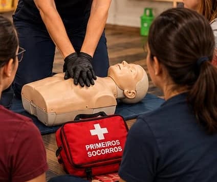 Prática de primeiros socorros em manequim, com orientação e acompanhamento da equipe